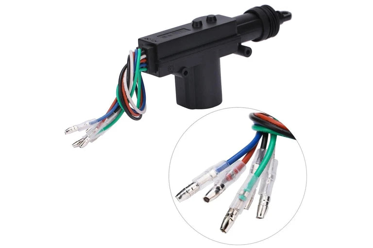 Black electronic component with multicolored wires on a white background