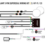 Wiring diagram for a two-lamp 3-pin Superseal wiring kit with labeled components and measurements.