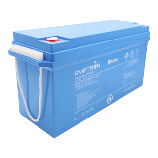 The same 36 volt 85Ah Amptron battery from the front corner with its rope carry handle lifted clear of the case, showing the depth of the housing and the recessed terminals