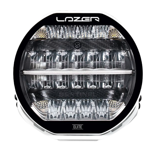 A black 7-inch Lazerlamps Sentinel LED driving light with a clear polycarbonate lens, designed for vehicles or tight mounting setups, featuring advanced LED technology.