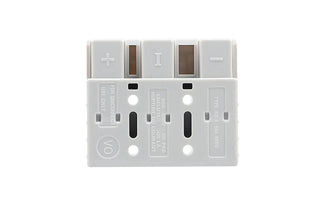 Face of a grey SB50 Anderson connector, the positive and negative contacts visible in their cavities either side of the centre key, with the moulded markings reading FOR DISCONNECT USE ONLY, 50A 600V and TYPE SB-3 50A 600V