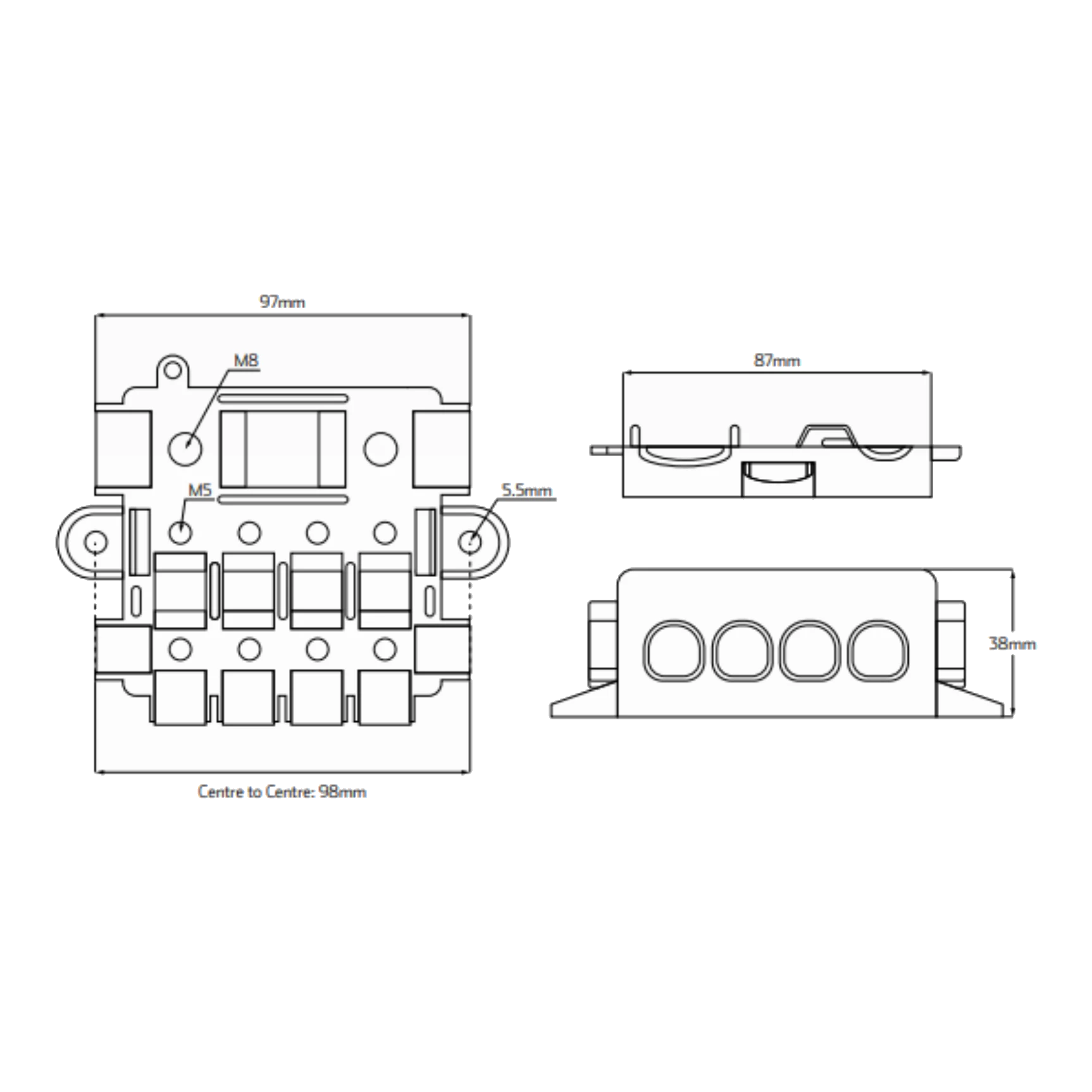 Dimension drawing of the four-way midi fuse holder: 97mm across the base with mounting holes 98mm centre to centre, 87mm deep and 38mm tall, with 5.5mm mounting holes, M8 main studs and M5 fixings called out
