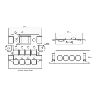 Dimension drawing of the four-way midi fuse holder: 97mm across the base with mounting holes 98mm centre to centre, 87mm deep and 38mm tall, with 5.5mm mounting holes, M8 main studs and M5 fixings called out