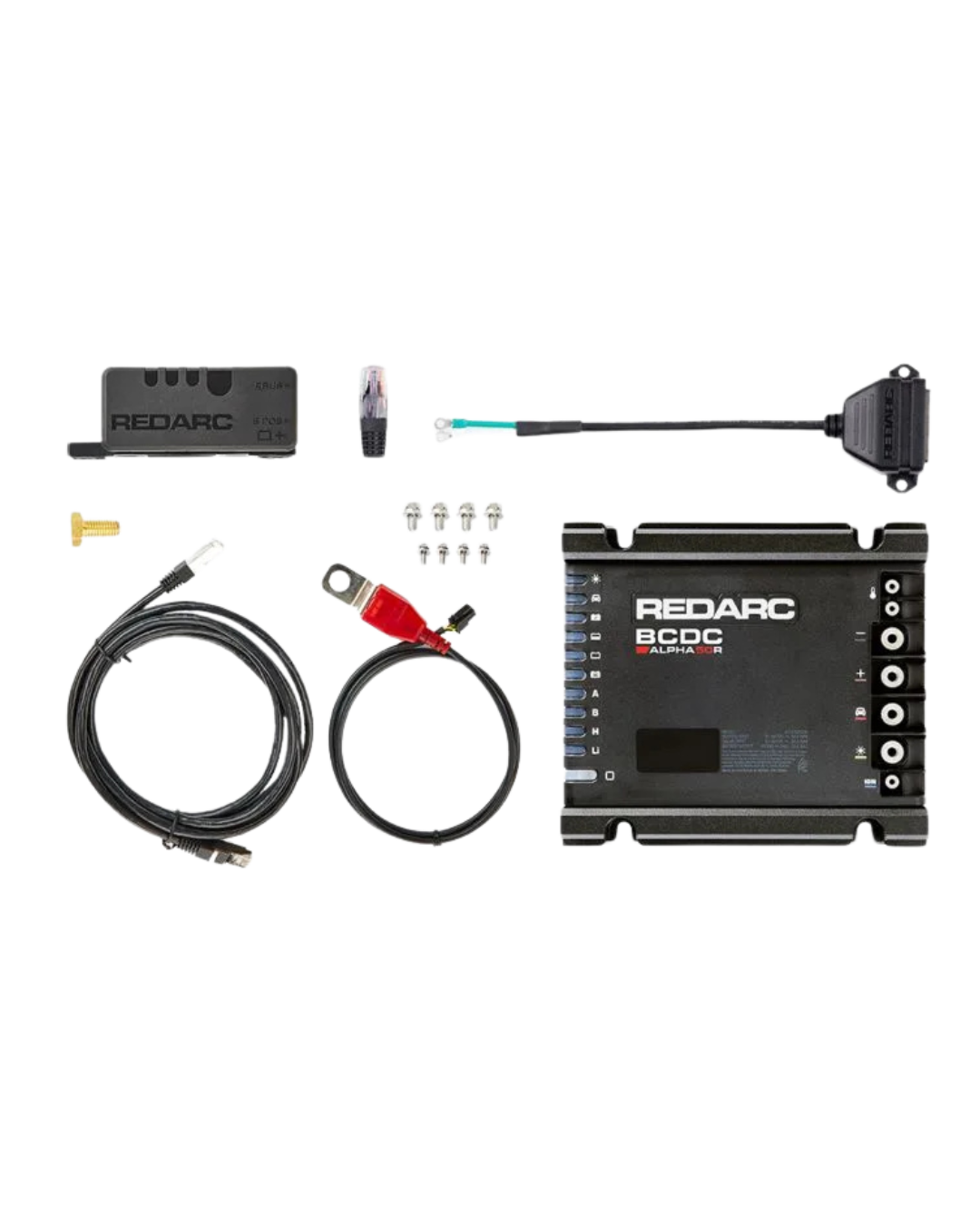 Everything in the Alpha50 R box laid out: the battery manager itself, the sense module, an RJ45 network lead, a battery lead with red ring terminal and in-line fuse, a green sense lead with ring terminal, four mounting screws, a brass terminal bolt and a spare RJ45 plug