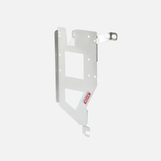 Tall white Redarc mounting bracket, a narrow plate with two cut-outs stacked one above the other, a folded side flange and an arm reaching out to a slotted mounting eye