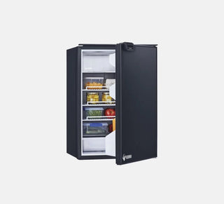 Bushman DC130-X shown at an angle with the door open and shelves stocked with containers, eggs and produce