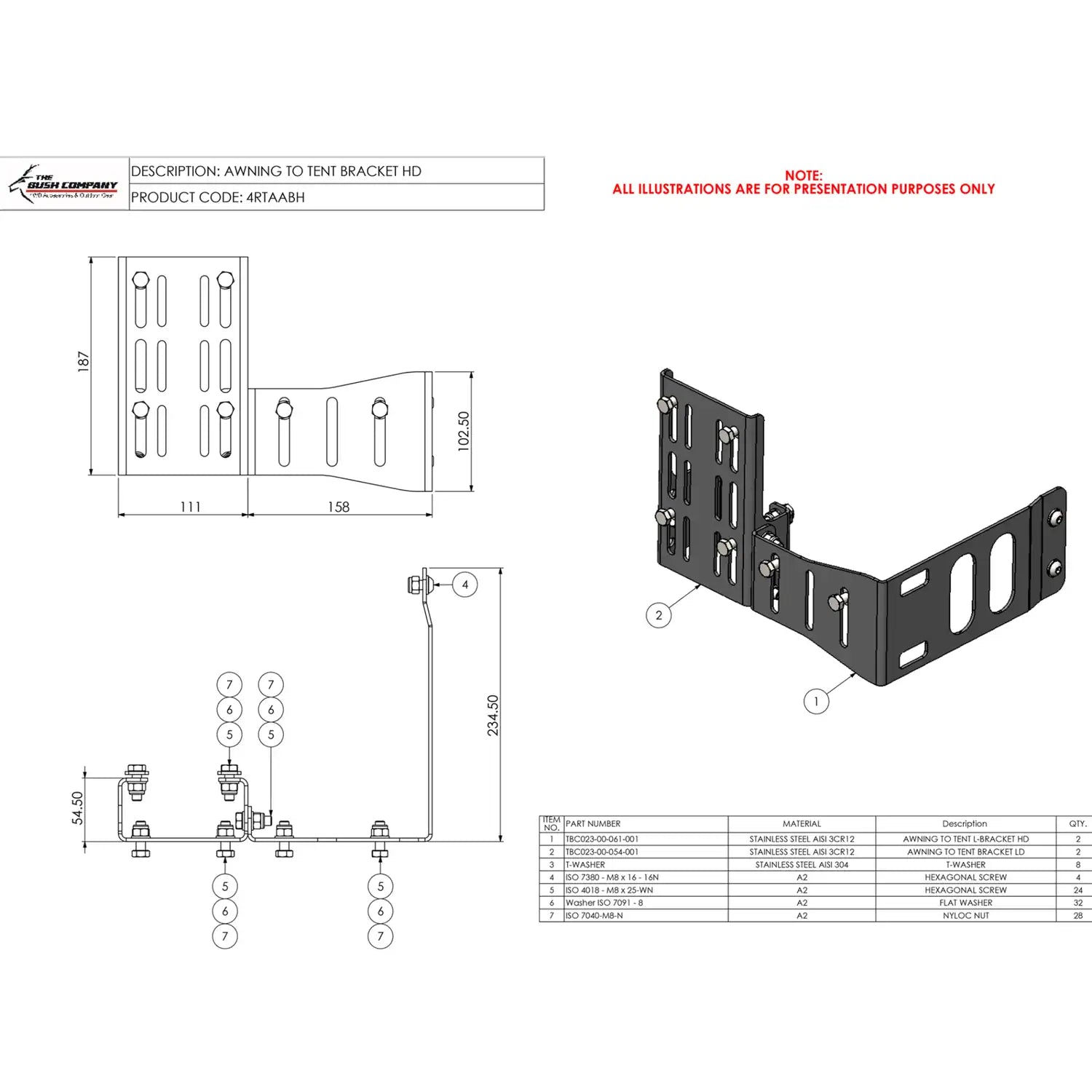 Technical drawing of a tent bracket with dimensions and component details.