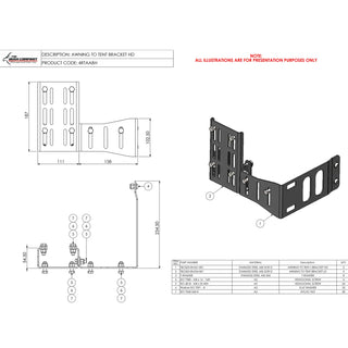 Technical drawing of a tent bracket with dimensions and component details.