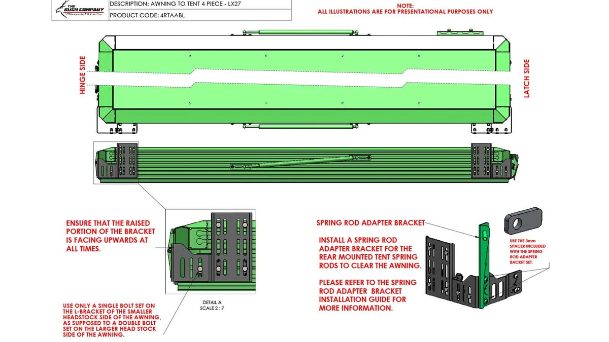 Technical diagram of a bracket awning system with text and labels on a white background