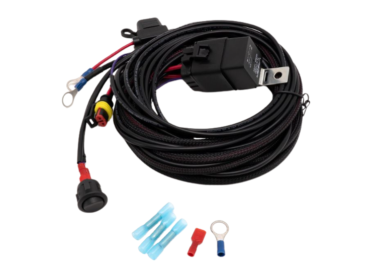 Lazerlamps wiring kits including various connectors, cables, a relay, and fuses.
