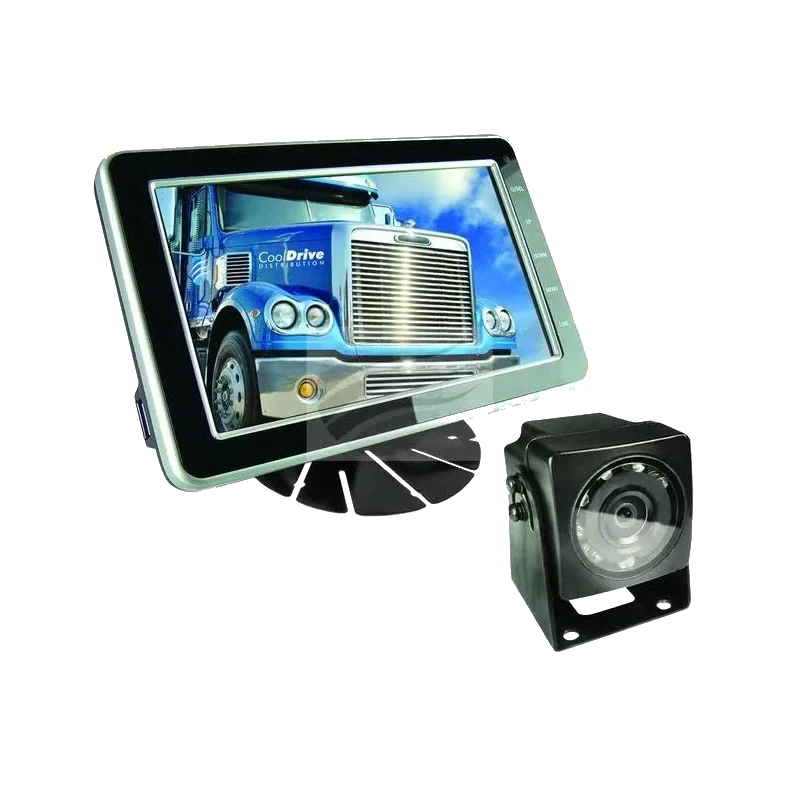 Reverse camera system: a 5 inch widescreen monitor on a stand with menu buttons down the right edge showing a demonstration image, beside a black weatherproof camera with an infrared LED ring around the lens and a mounting bracket on its base