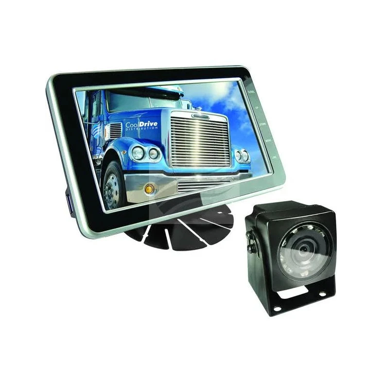 Reverse camera system: a 5 inch widescreen monitor on a stand with menu buttons down the right edge showing a demonstration image, beside a black weatherproof camera with an infrared LED ring around the lens and a mounting bracket on its base