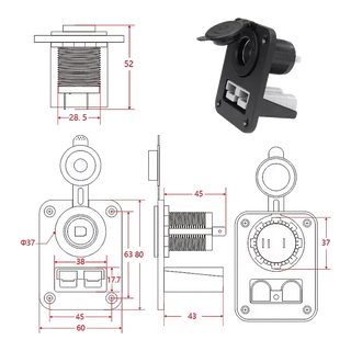 Dimensions diagram showing the panel-mount fascia cut-out size of 45mm by 63mm with four corner screw hole positions
