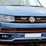 Front view of a blue Volkswagen van with a visible logo with Lazer Lamps Grille Kit for VW Transporter T6 Highline
