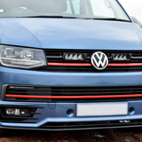 Front view of a blue Volkswagen van with a visible logo with Lazer Lamps Grille Kit for VW Transporter T6 Highline