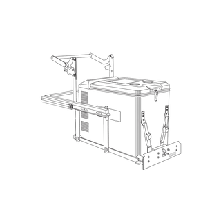 Line drawing of a fridge strapped to the slide with the fold-out table deployed, showing the strap routing, the drop arm linkage and the front locking panel