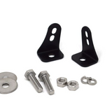 Black metal brackets with screws and washers on a white background