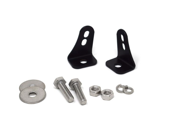 Black metal brackets with screws and washers on a white background