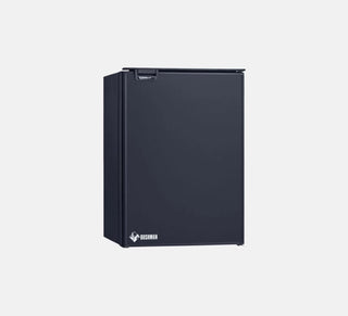 Bushman DC130-X upright fridge freezer with the door closed, showing the matte black front panel and Bushman badge
