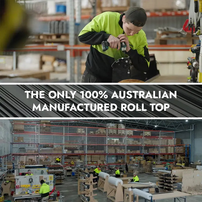 Worker in a warehouse with text about 100% Australian manufactured roll top