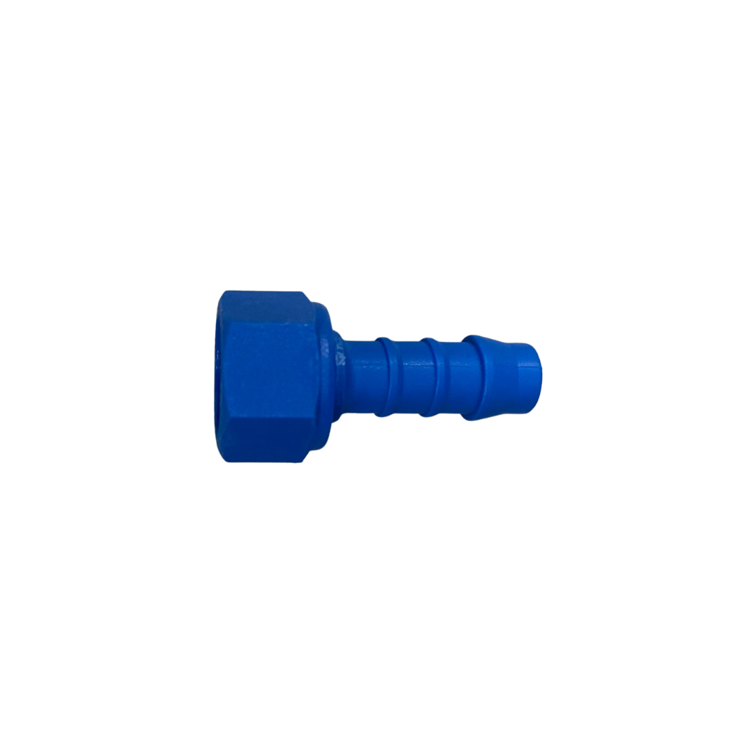 Blue nylon barbed fitting with a hexagonal swivel nut at one end and a ribbed hose tail at the other