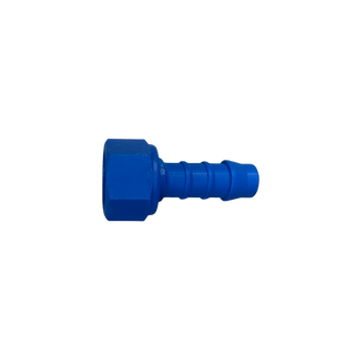 Blue nylon barbed fitting with a hexagonal swivel nut at one end and a ribbed hose tail at the other