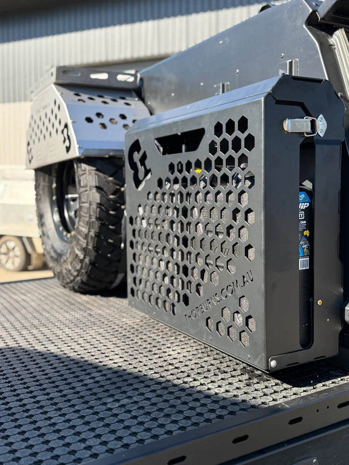 Closed Thorburns Lockable Dual Jerry Can Holder