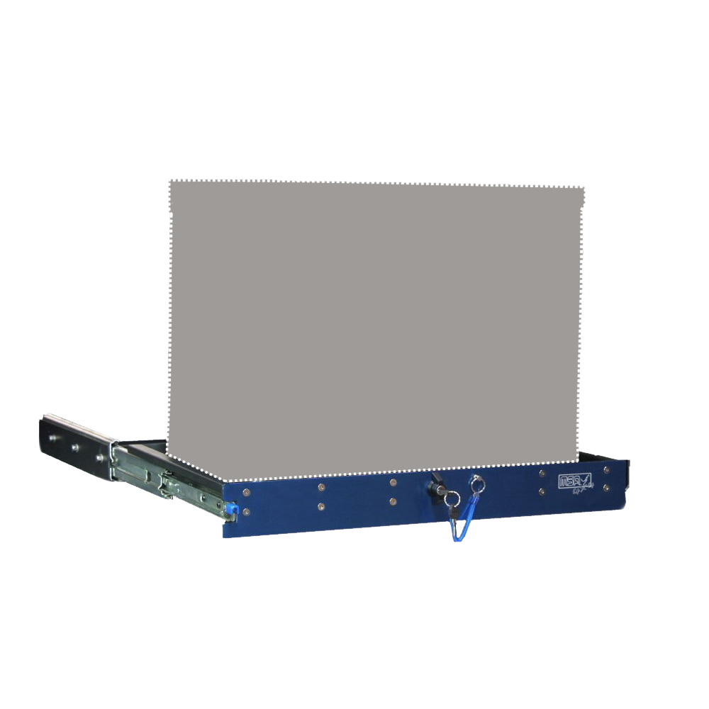 MSA straight side slide extended on its rails, with the blue front panel, locking pin and lanyard visible along the front edge