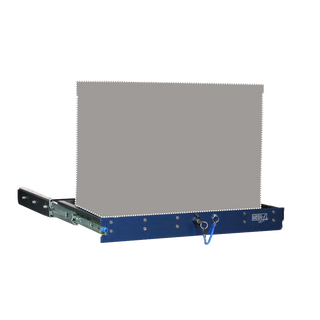MSA straight side slide extended on its rails, with the blue front panel, locking pin and lanyard visible along the front edge