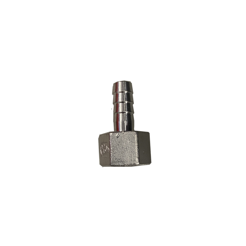 Nickel-plated barb fitting, a ribbed hose tail rising from a hexagon body with a female thread through the base