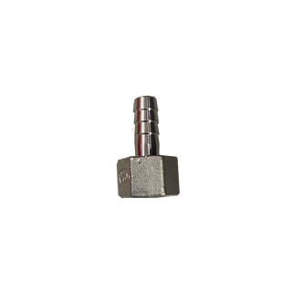 Nickel-plated barb fitting, a ribbed hose tail rising from a hexagon body with a female thread through the base