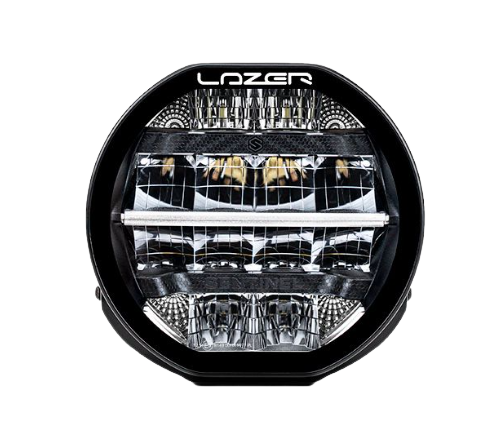 A black 7-inch Lazerlamps Sentinel LED driving light with a clear polycarbonate lens, designed for vehicles or tight mounting setups, featuring advanced LED technology.
