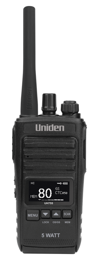 Uniden UH755 handheld UHF radio face on, the Uniden name above the speaker grille, the display showing channel 80 on memory with CTCSS 050 and a full battery, the menu, up, down and scan keys below, and 5 WATT marked at the base