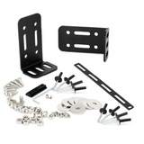 Set of black metal brackets and screws on a white background