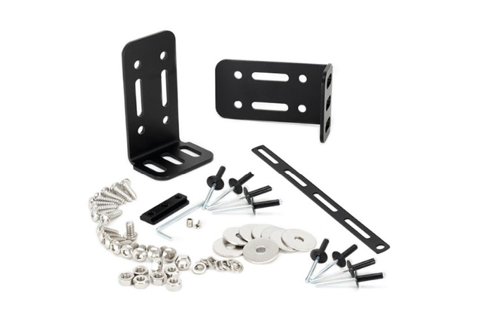 Set of black metal brackets and screws on a white background