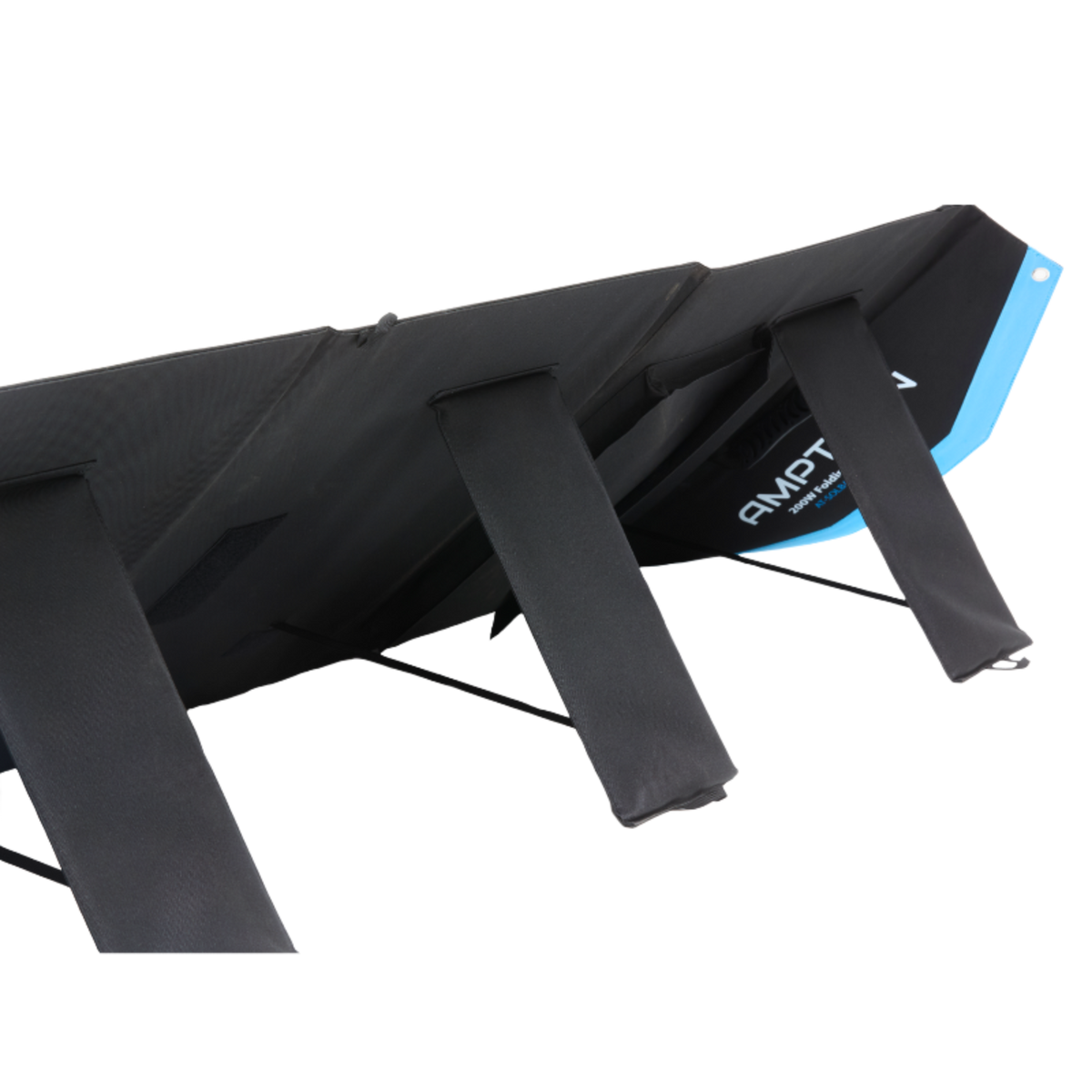 The folded solar blanket propped on its rear support legs, showing the padded backing panels and the strap that holds the legs at their working angle