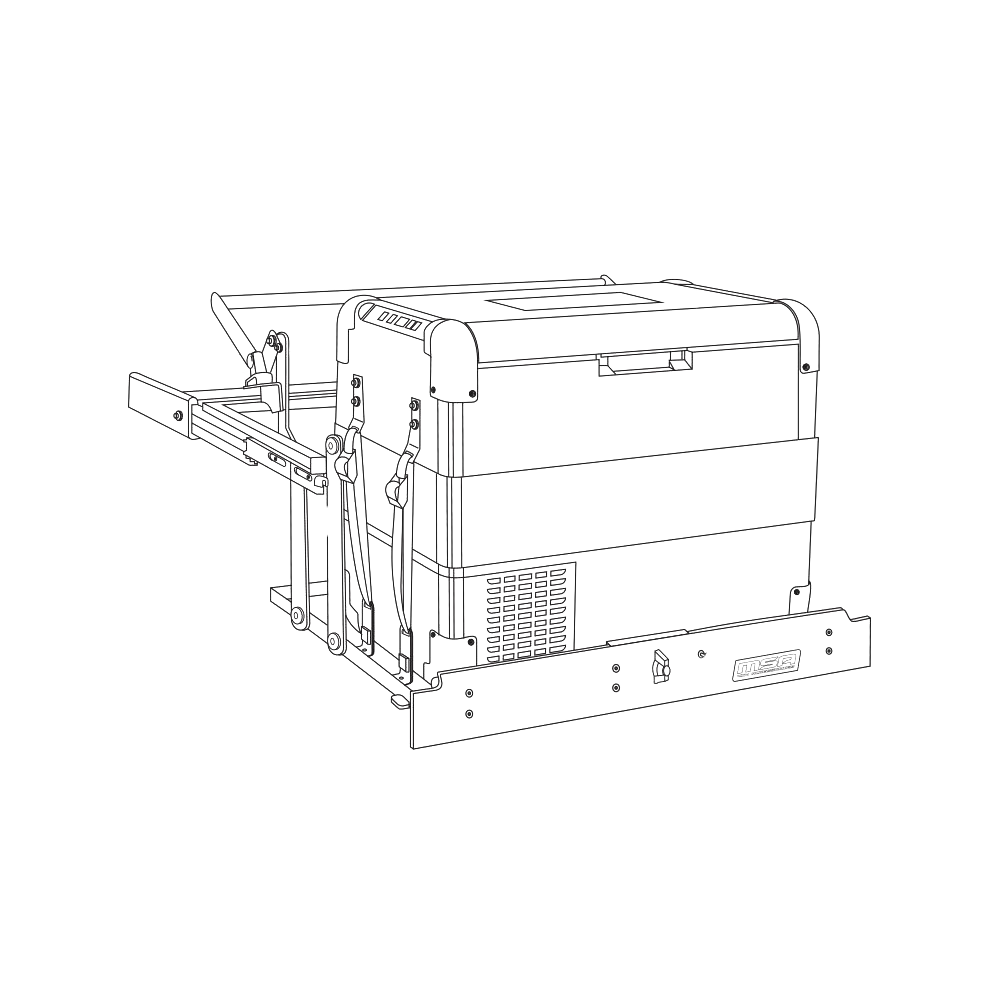 Line drawing of a fridge on an MSA side slide with the lid raised, showing how the strap posts and the drop linkage clear the open lid