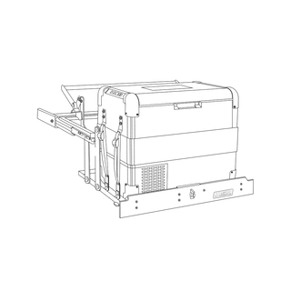 Line drawing of a fridge on an MSA side slide with the lid raised, showing how the strap posts and the drop linkage clear the open lid