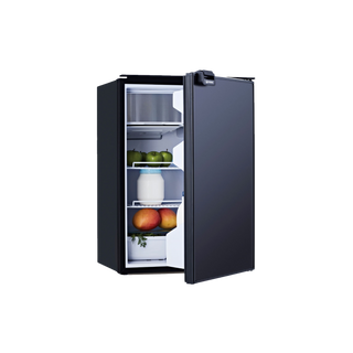 Bushman DC130-X upright fridge freezer at an angle with the door part open, showing the top freezer compartment, adjustable shelves and crisper tub