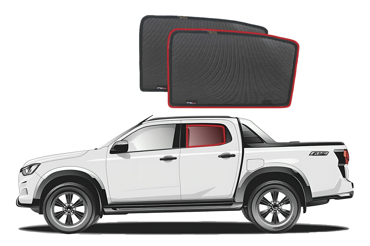 White pickup truck with black car shades on a white background