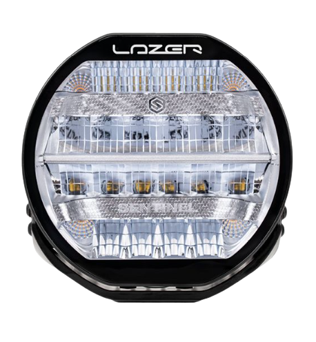 A black 7-inch Lazerlamps Sentinel LED driving light with a clear polycarbonate lens, designed for vehicles or tight mounting setups, featuring advanced LED technology.