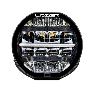 A black 7-inch Lazerlamps Sentinel LED driving light with a clear polycarbonate lens, designed for vehicles or tight mounting setups, featuring advanced LED technology.