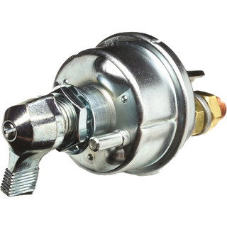 Battery master switch, a zinc-plated cylindrical body with a knurled removable key on the front, the main terminal stud with a brass nut at the side and a locating pin on the mounting face