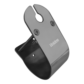 Stainless 76mm bull bar mount for a UHF antenna shown against a dark ground, the folded bracket with a keyhole antenna slot, a cable slot, two cross-head fixings and the Uniden name on the face