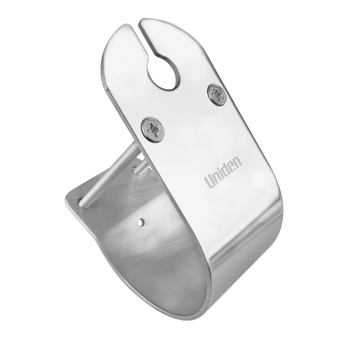 The same stainless 76mm bull bar antenna mount on white, showing the curved clamping face that wraps the bar and the threaded stud that secures it