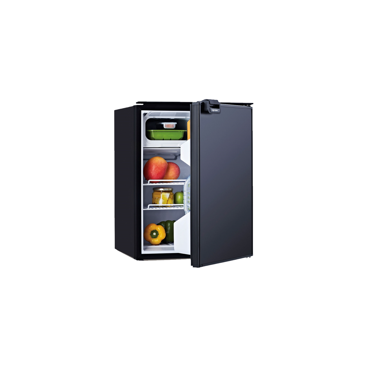 Bushman DC85-X upright fridge freezer shown at an angle with the door part open, revealing the internal freezer compartment and stocked shelves