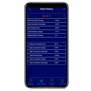 The charge controller app on a phone showing the Data History screen, with daily cumulative charge, daily cumulative discharge, maximum charge power, and lowest and highest battery voltage listed for the selected date, and tabs across the bottom for real-time monitoring, data history, parameter setting and device info