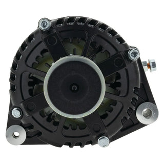 Black Series alternator seen square on to the pulley, the wide grooved pulley centred in the vented black housing with the mounting lugs at the corners