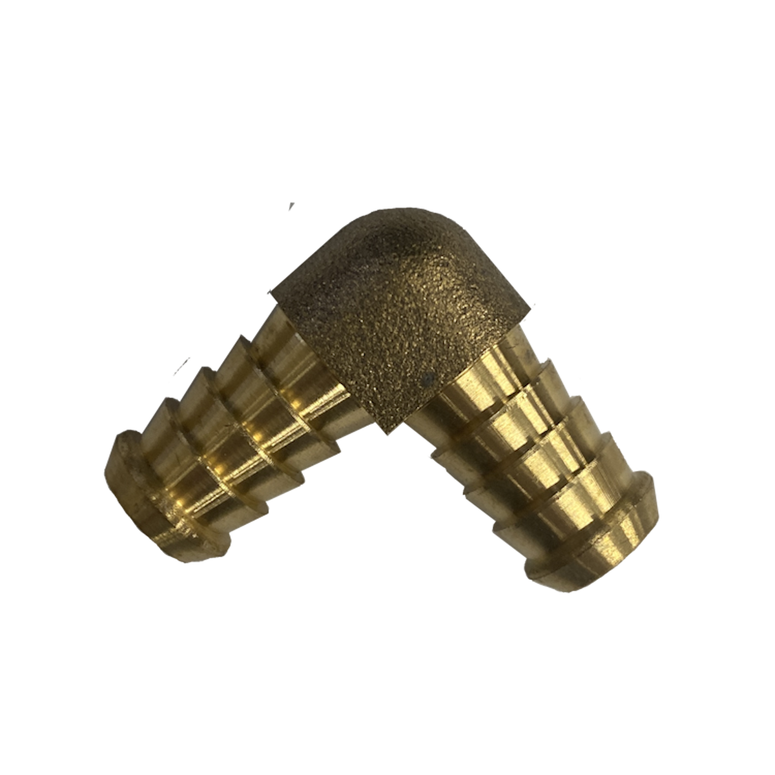 Brass 90 degree barbed elbow, two ribbed hose tails meeting at a cast corner