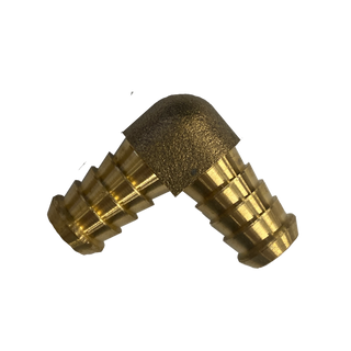 Brass 90 degree barbed elbow, two ribbed hose tails meeting at a cast corner